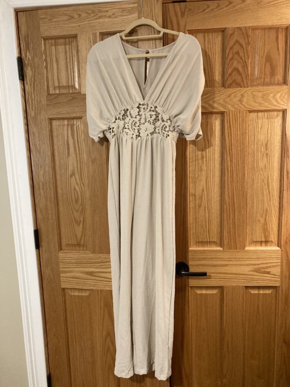 Beige Bohemian Flowy Jumpsuit with Lace Midriff - Size XS (NWT)